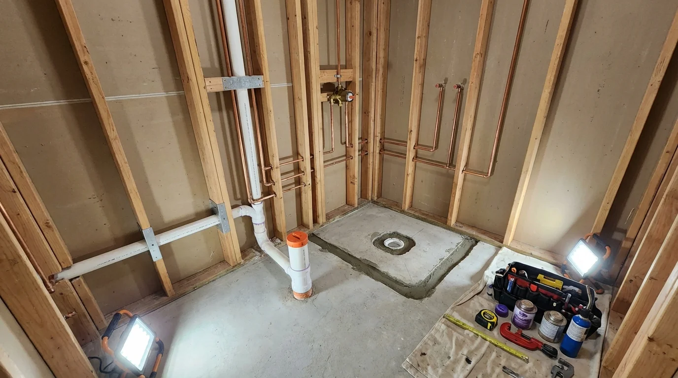 Bathroom rough-in plumbing during remodel by Johns Plumbing LLC in Geneseo