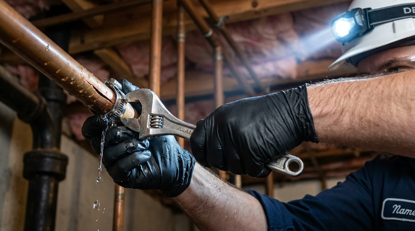 Emergency pipe clamp repair being performed by a Johns Plumbing LLC plumber in Geneseo