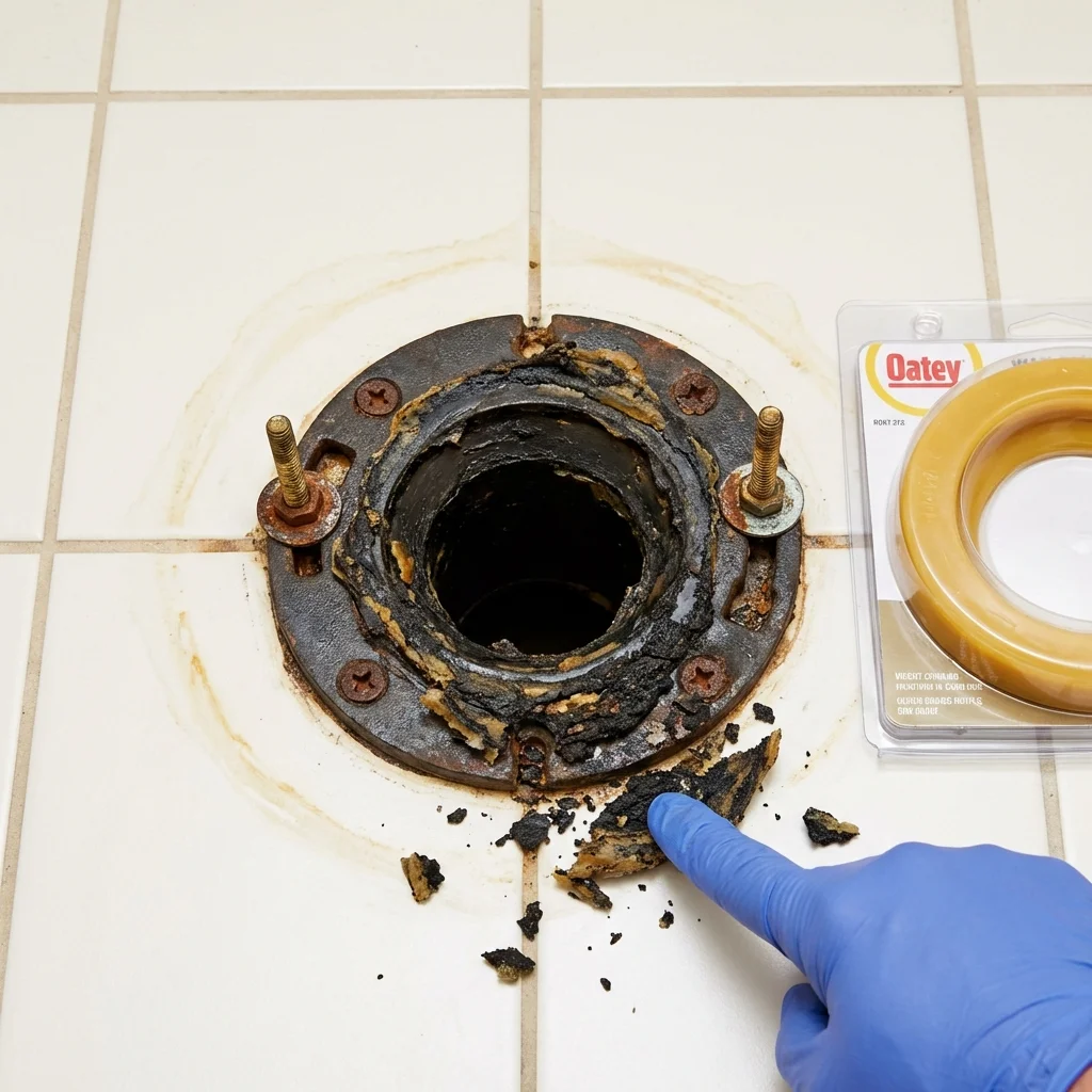 Failed wax ring showing water seepage at the base of a toilet in a Geneseo, IL home