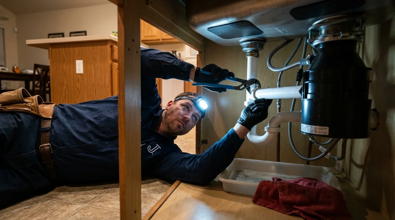 P-trap and supply line connections under a kitchen sink showing a common leak point in Geneseo, IL